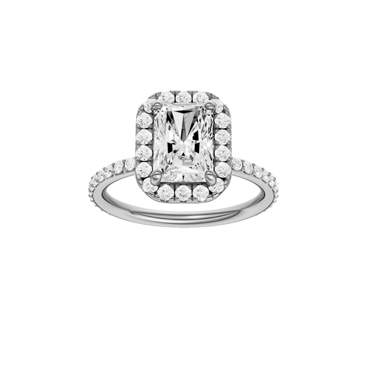 A front view of the radiant cut diamond engagement ring in 14k white gold with a prong diamond band and cathedral setting