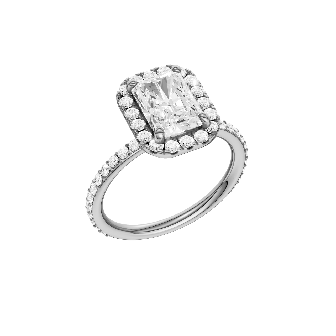 A three-quarter view of the radiant cut diamond engagement ring in 14k white gold with a prong diamond band and cathedral setting