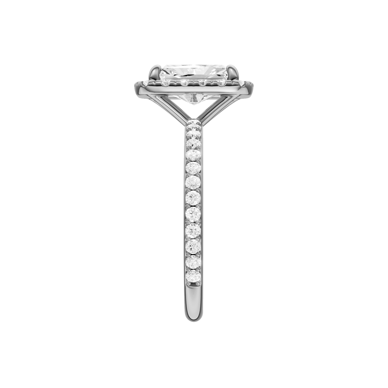 A side view of the radiant cut diamond engagement ring in platinum with a prong diamond band and cathedral setting