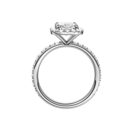 A profile view of the radiant cut diamond engagement ring in 14k white gold with a prong diamond band and cathedral setting