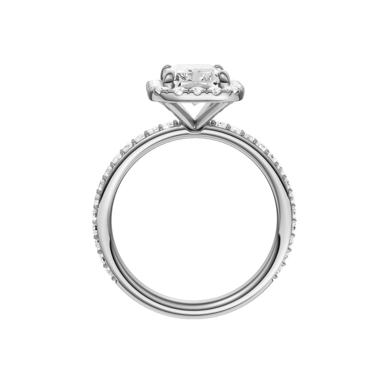 A profile view of the radiant cut diamond engagement ring in platinum with a prong diamond band and cathedral setting