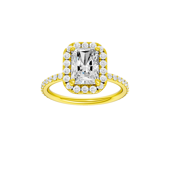 A front view of the radiant cut diamond engagement ring in 14k yellow gold with a prong diamond band and cathedral setting