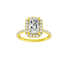A front view of the radiant cut diamond engagement ring in 14k yellow gold with a prong diamond band and cathedral setting