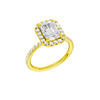 A three-quarter view of the radiant cut diamond engagement ring in 14k yellow gold with a prong diamond band and cathedral setting
