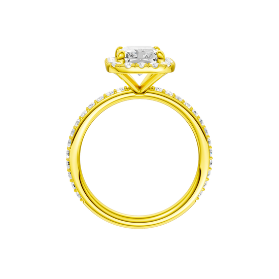 A profile view of the radiant cut diamond engagement ring in 14k yellow gold with a prong diamond band and cathedral setting