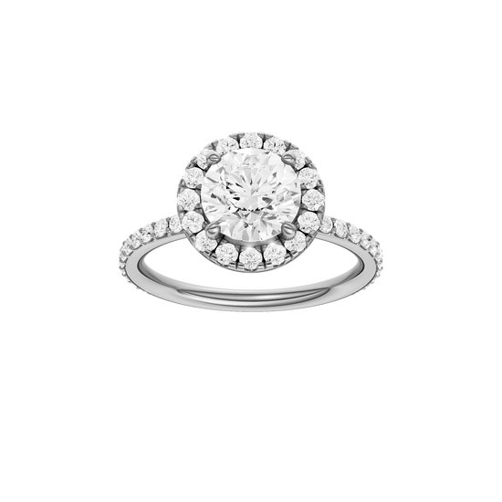 A front view of the Round cut diamond engagement ring in 14k white gold with a prong diamond band and cathedral setting