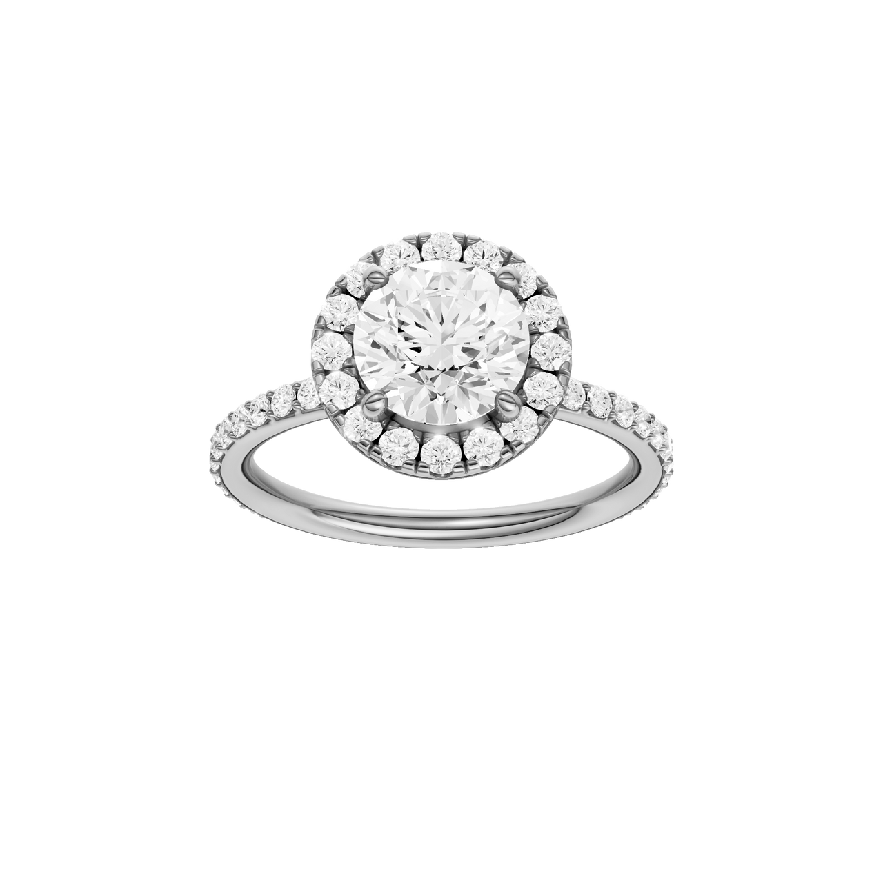 A front view of the Round cut diamond engagement ring in 14k white gold with a prong diamond band and cathedral setting