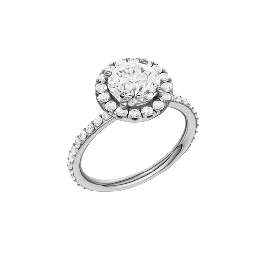 A three-quarter view of the Round cut diamond engagement ring in 14k white gold with a prong diamond band and cathedral setting