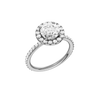 A three-quarter view of the Round cut diamond engagement ring in 14k white gold with a prong diamond band and cathedral setting