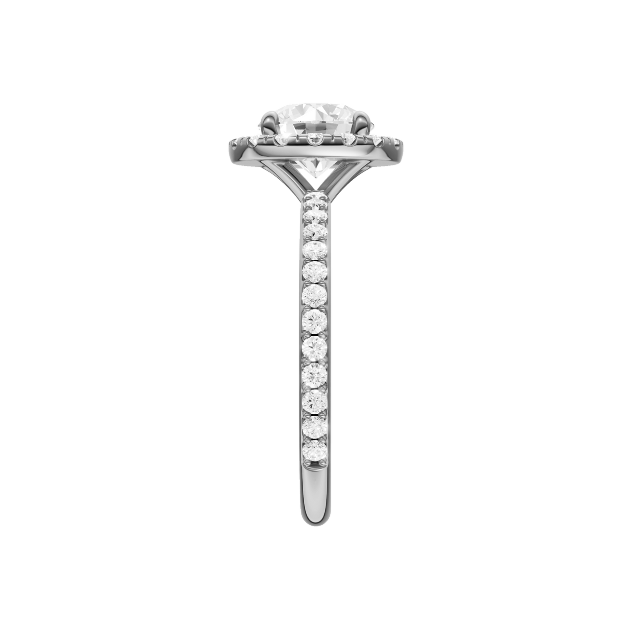 A side view of the Round cut diamond engagement ring in 14k white gold with a prong diamond band and cathedral setting