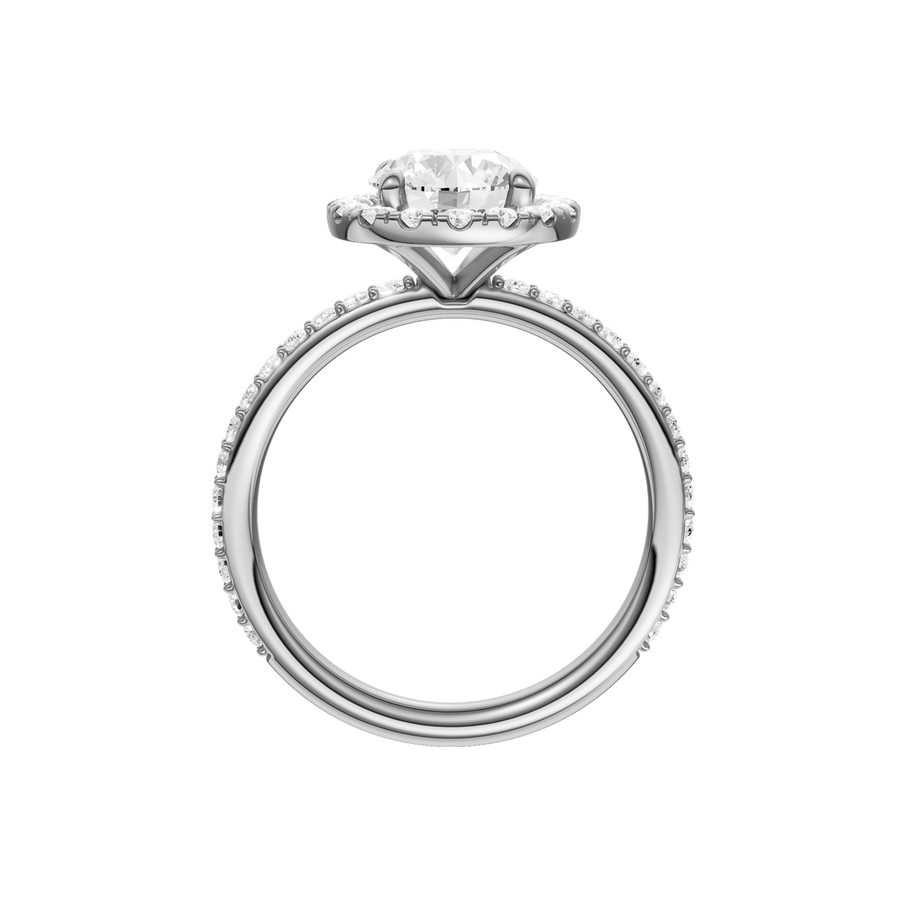 A profile view of the Round cut diamond engagement ring in 14k white gold with a prong diamond band and cathedral setting