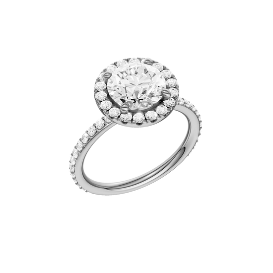 A three-quarter view of the Round cut diamond engagement ring in platinum with a prong diamond band and cathedral setting