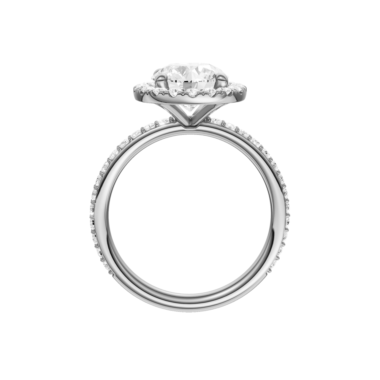 A profile view of the Round cut diamond engagement ring in platinum with a prong diamond band and cathedral setting