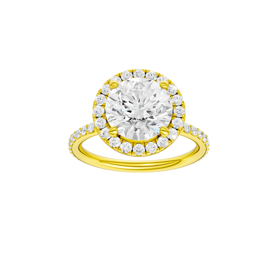 A front view of the Round cut diamond engagement ring in 14k yellow gold with a prong diamond band and cathedral setting