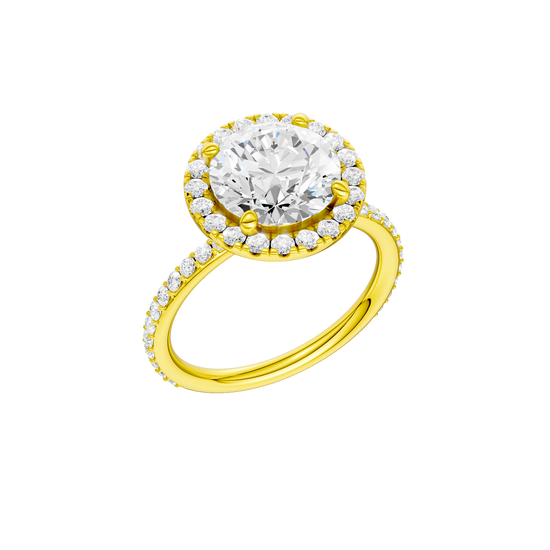 A three-quarter view of the Round cut diamond engagement ring in 14k yellow gold with a prong diamond band and cathedral setting