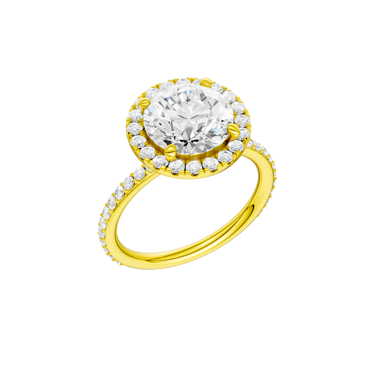 A three-quarter view of the Round cut diamond engagement ring in 14k yellow gold with a prong diamond band and cathedral setting