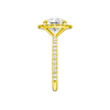 A side view of the Round cut diamond engagement ring in 14k yellow gold with a prong diamond band and cathedral setting