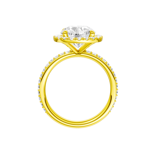 A profile view of the Round cut diamond engagement ring in 14k yellow gold with a prong diamond band and cathedral setting
