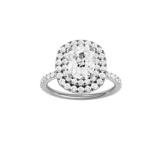 A front view of the Elongated cushion cut diamond engagement ring in 14k white gold with a prong diamond band and cathedral setting