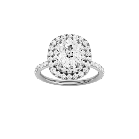 A front view of the Elongated cushion cut diamond engagement ring in platinum with a prong diamond band and cathedral setting