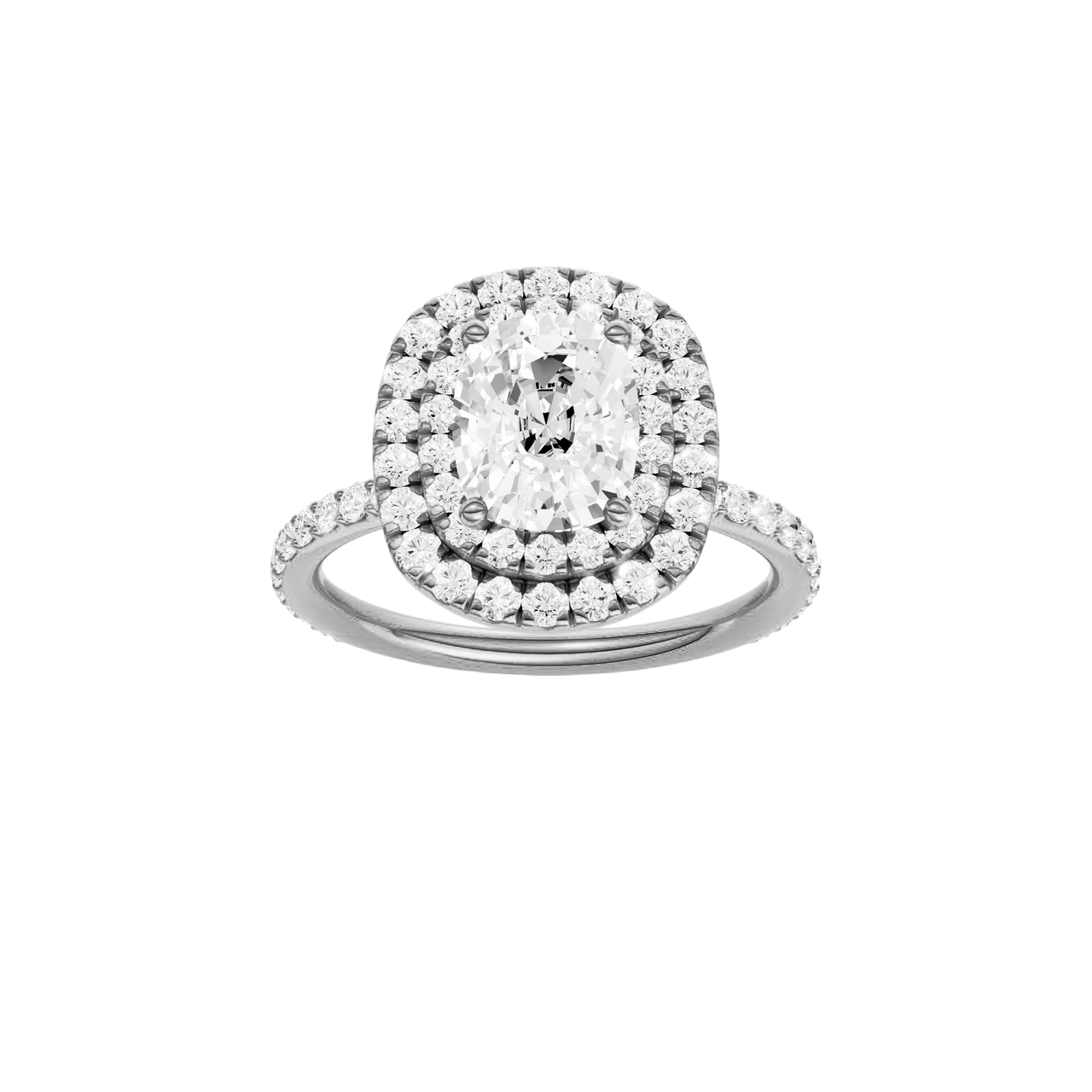 A front view of the Elongated cushion cut diamond engagement ring in platinum with a prong diamond band and cathedral setting