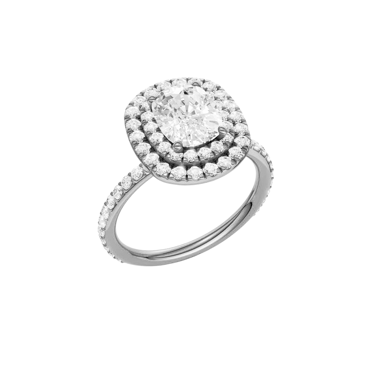 A three-quarter view of the Elongated cushion cut diamond engagement ring in platinum with a prong diamond band and cathedral setting