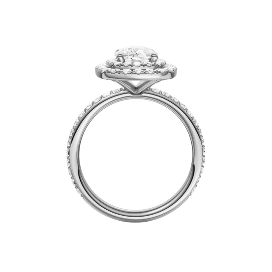 A profile view of the Elongated cushion cut diamond engagement ring in platinum with a prong diamond band and cathedral setting