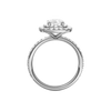 A profile view of the Elongated cushion cut diamond engagement ring in 14k white gold with a prong diamond band and cathedral setting