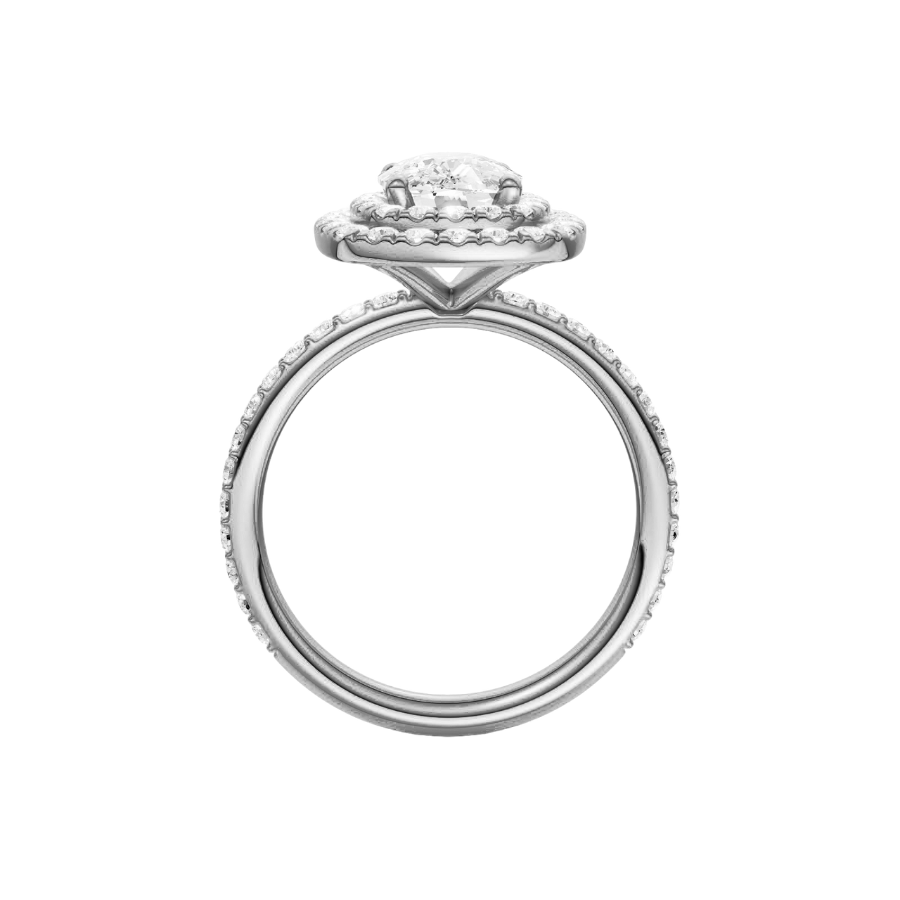 A profile view of the Elongated cushion cut diamond engagement ring in 14k white gold with a prong diamond band and cathedral setting
