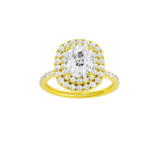 A front view of the Elongated cushion cut diamond engagement ring in 14k yellow gold with a prong diamond band and cathedral setting