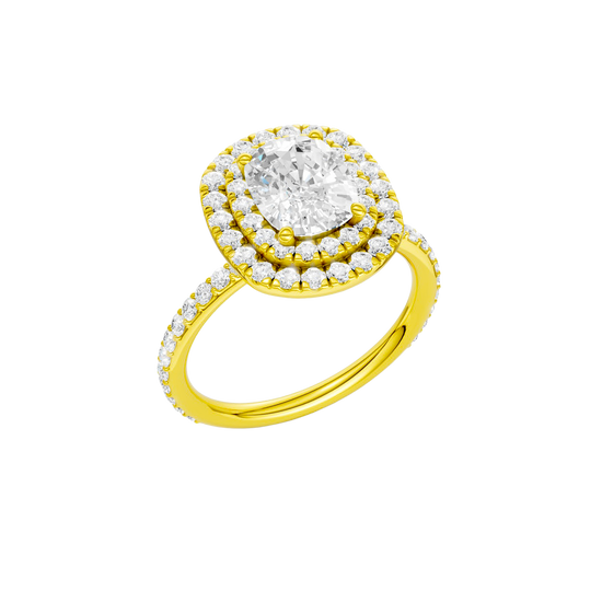 A three-quarter view of the Elongated cushion cut diamond engagement ring in 14k yellow gold with a prong diamond band and cathedral setting