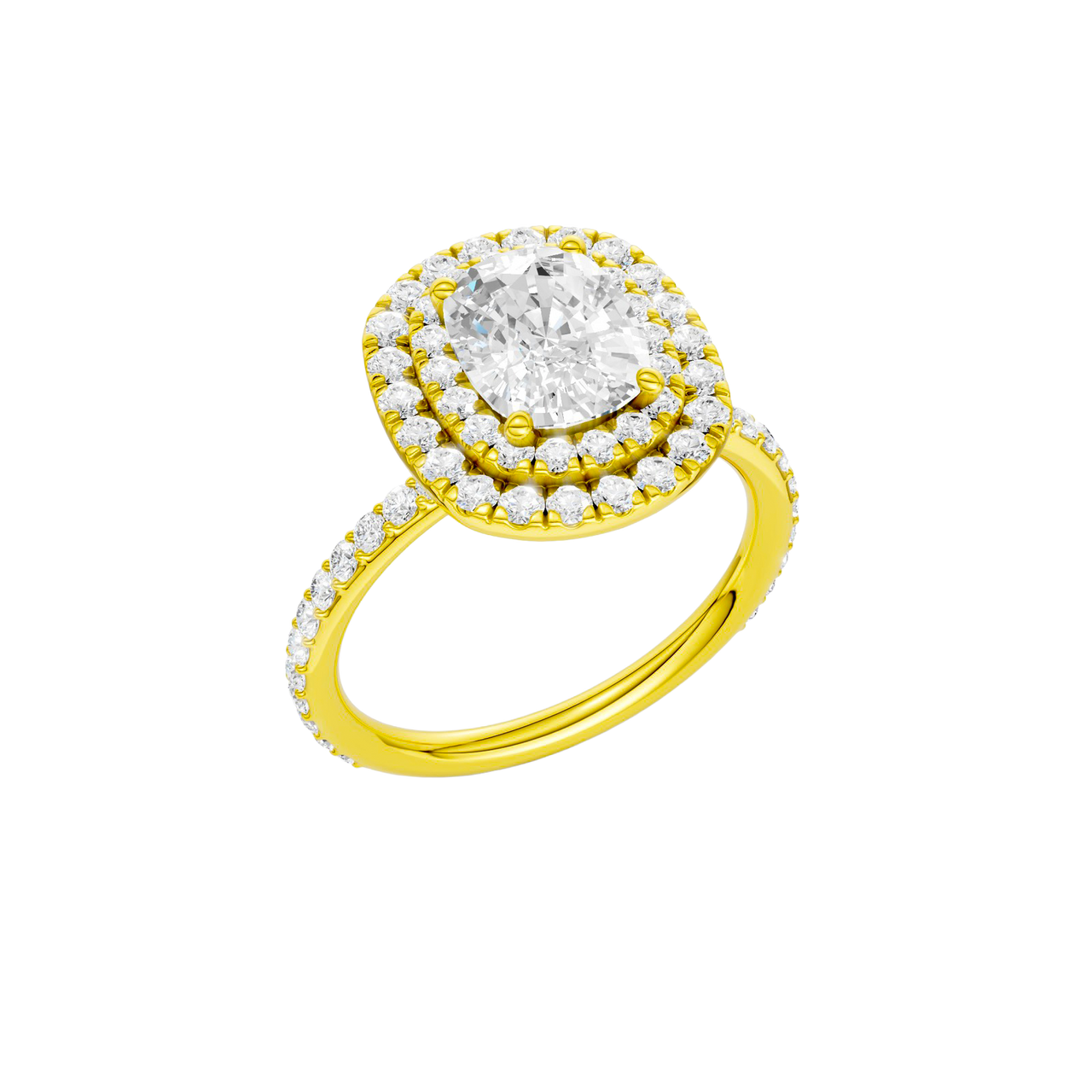 A three-quarter view of the Elongated cushion cut diamond engagement ring in 14k yellow gold with a prong diamond band and cathedral setting