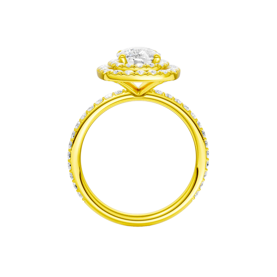 A profile view of the Elongated cushion cut diamond engagement ring in 14k yellow gold with a prong diamond band and cathedral setting