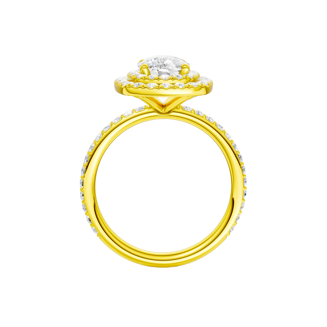 A profile view of the Elongated cushion cut diamond engagement ring in 14k yellow gold with a prong diamond band and cathedral setting