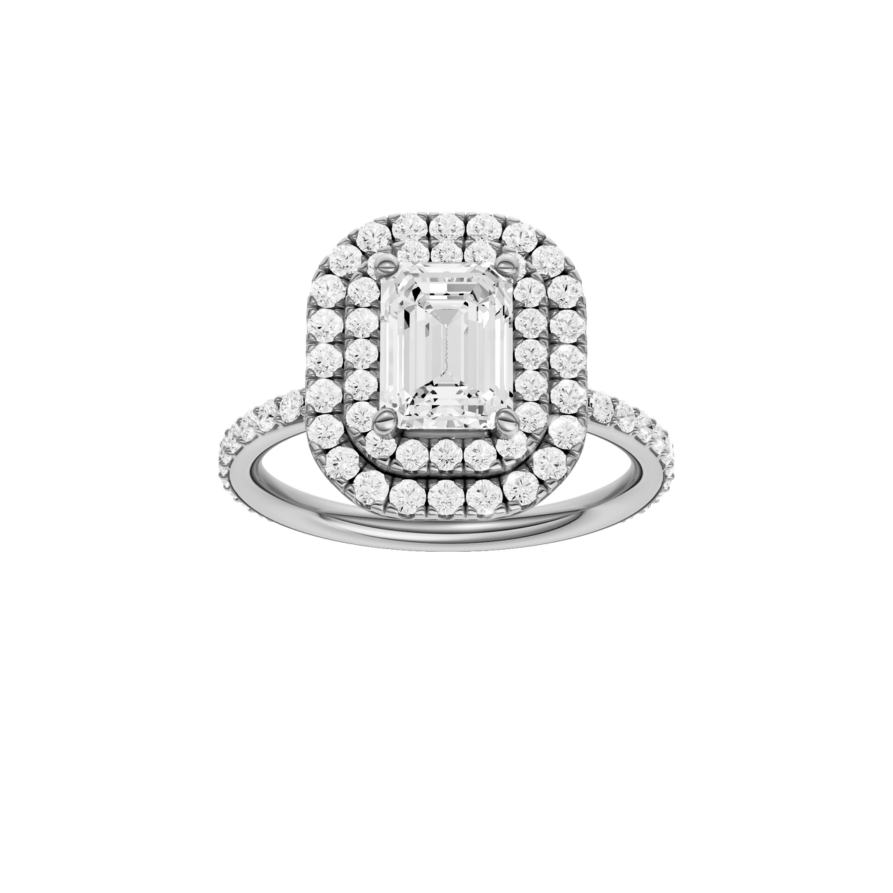 A front view of the Emerald cut diamond engagement ring in platinum with a prong diamond band and cathedral setting