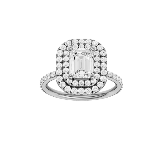 A front view of the Emerald cut diamond engagement ring in 14k white gold with a prong diamond band and cathedral setting