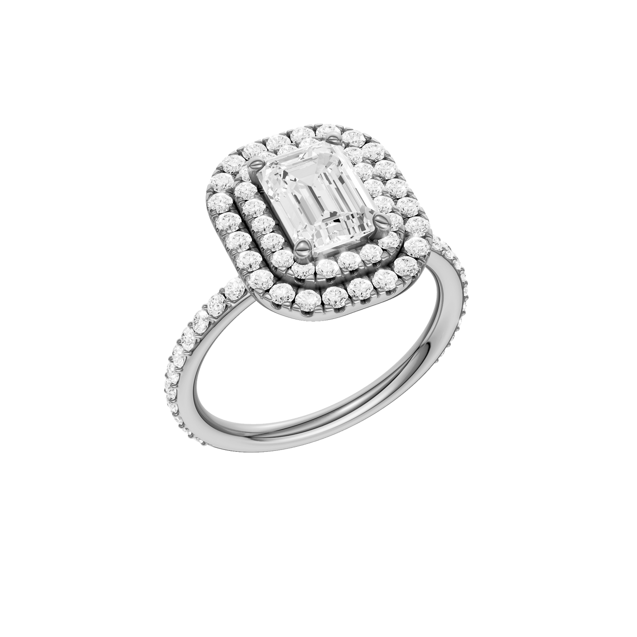 A three-quarter view of the Emerald cut diamond engagement ring in platinum with a prong diamond band and cathedral setting