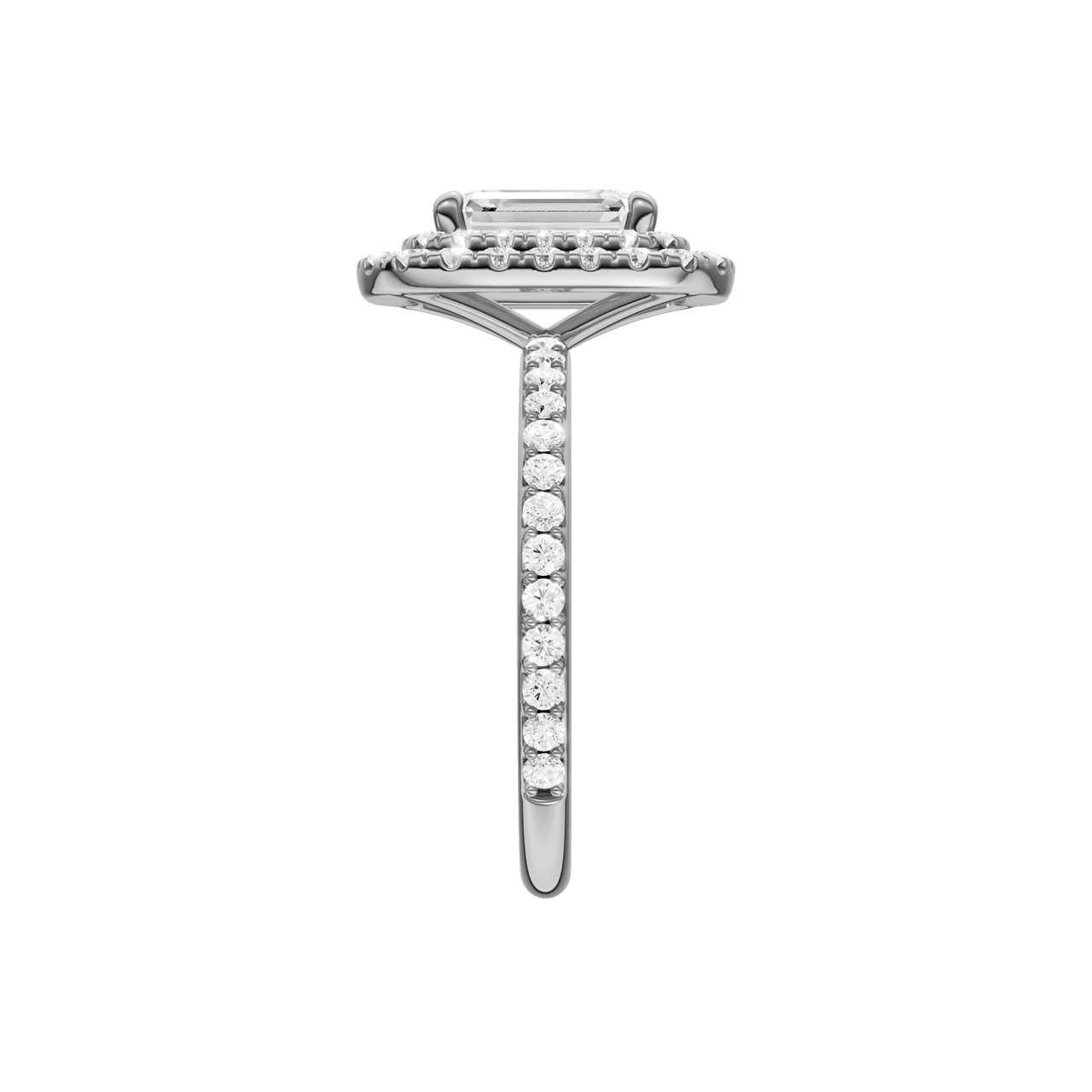 A side view of the Emerald cut diamond engagement ring in platinum with a prong diamond band and cathedral setting