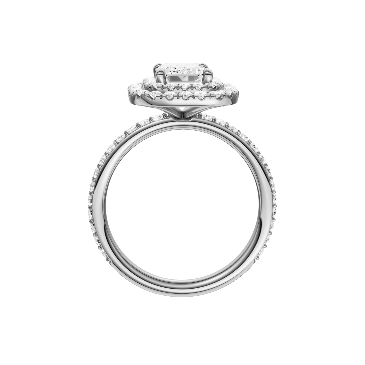 A profile view of the Emerald cut diamond engagement ring in 14k white gold with a prong diamond band and cathedral setting