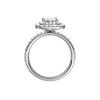 A profile view of the Emerald cut diamond engagement ring in platinum with a prong diamond band and cathedral setting