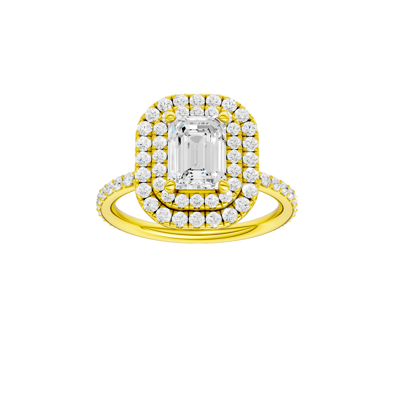 A front view of the Emerald cut diamond engagement ring in 14k yellow gold with a prong diamond band and cathedral setting