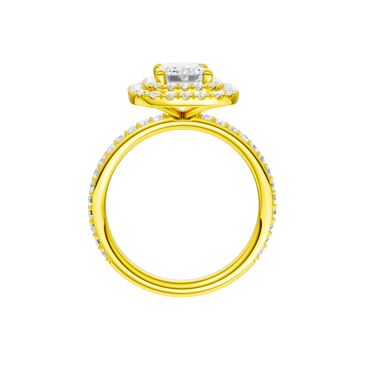 A profile view of the Emerald cut diamond engagement ring in 14k yellow gold with a prong diamond band and cathedral setting