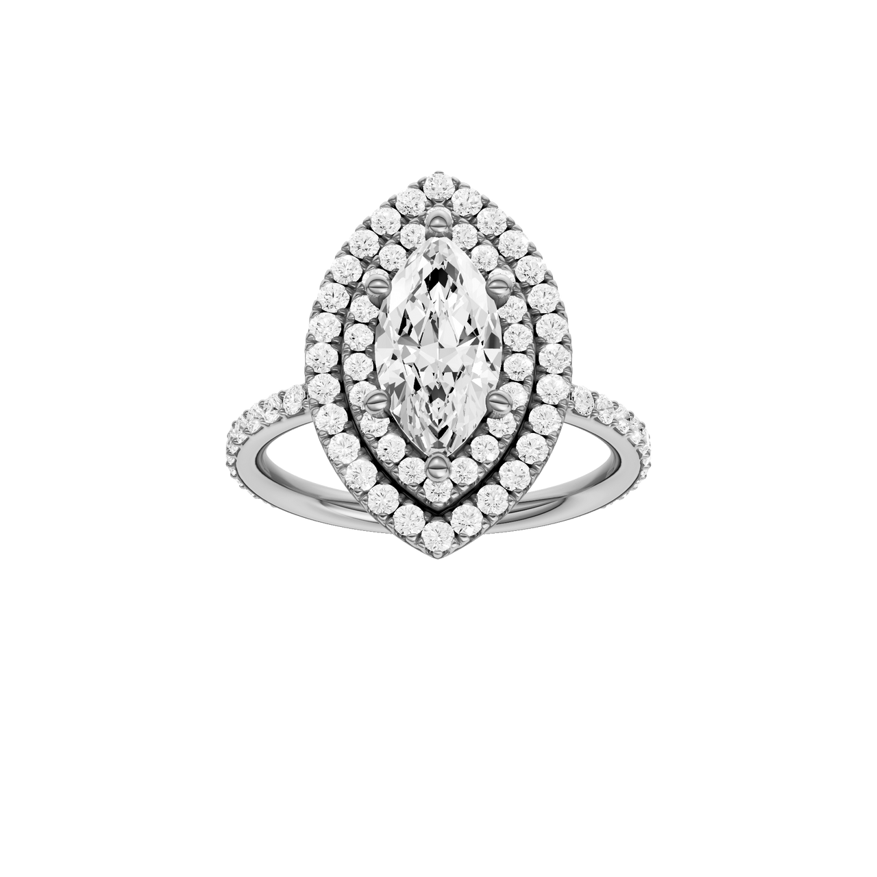 A front view of the Marquise cut diamond engagement ring in 14k white gold with a prong diamond band and cathedral setting