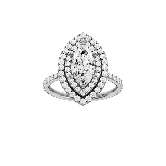 A front view of the Marquise cut diamond engagement ring in 14k white gold with a prong diamond band and cathedral setting
