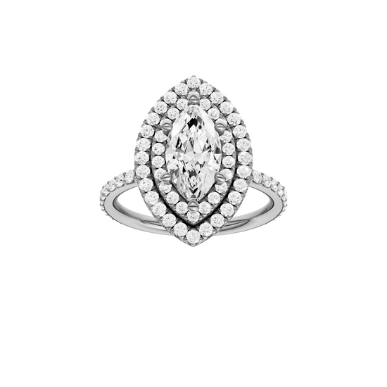 A front view of the Marquise cut diamond engagement ring in platinum with a prong diamond band and cathedral setting
