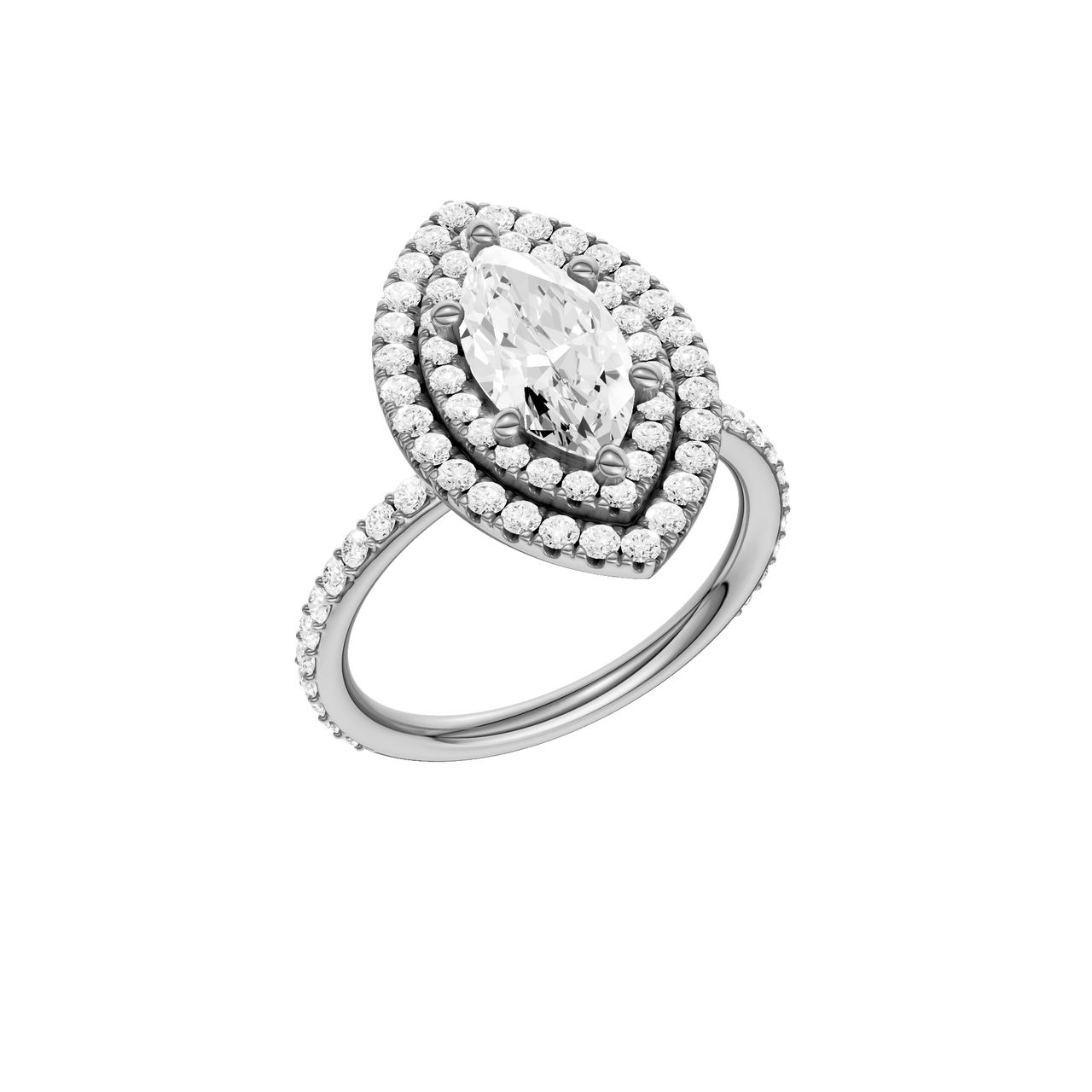 A three-quarter view of the Marquise cut diamond engagement ring in platinum with a prong diamond band and cathedral setting