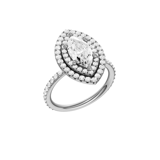A three-quarter view of the Marquise cut diamond engagement ring in 14k white gold with a prong diamond band and cathedral setting