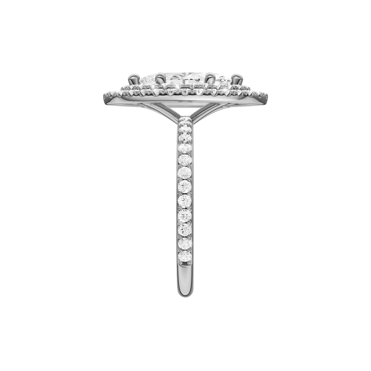 A side view of the Marquise cut diamond engagement ring in 14k white gold with a prong diamond band and cathedral setting