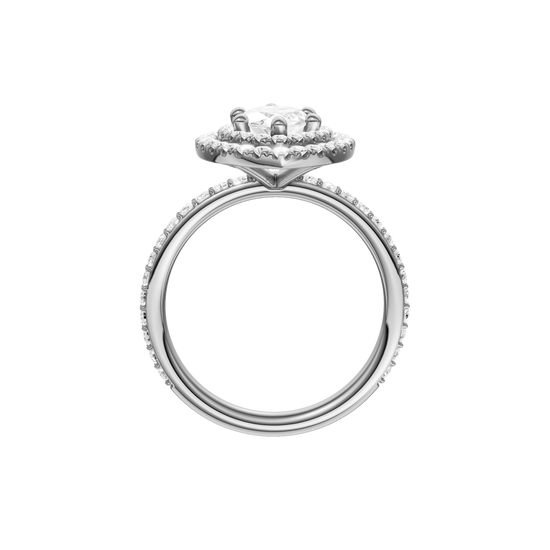 A profile view of the Marquise cut diamond engagement ring in platinum with a prong diamond band and cathedral setting
