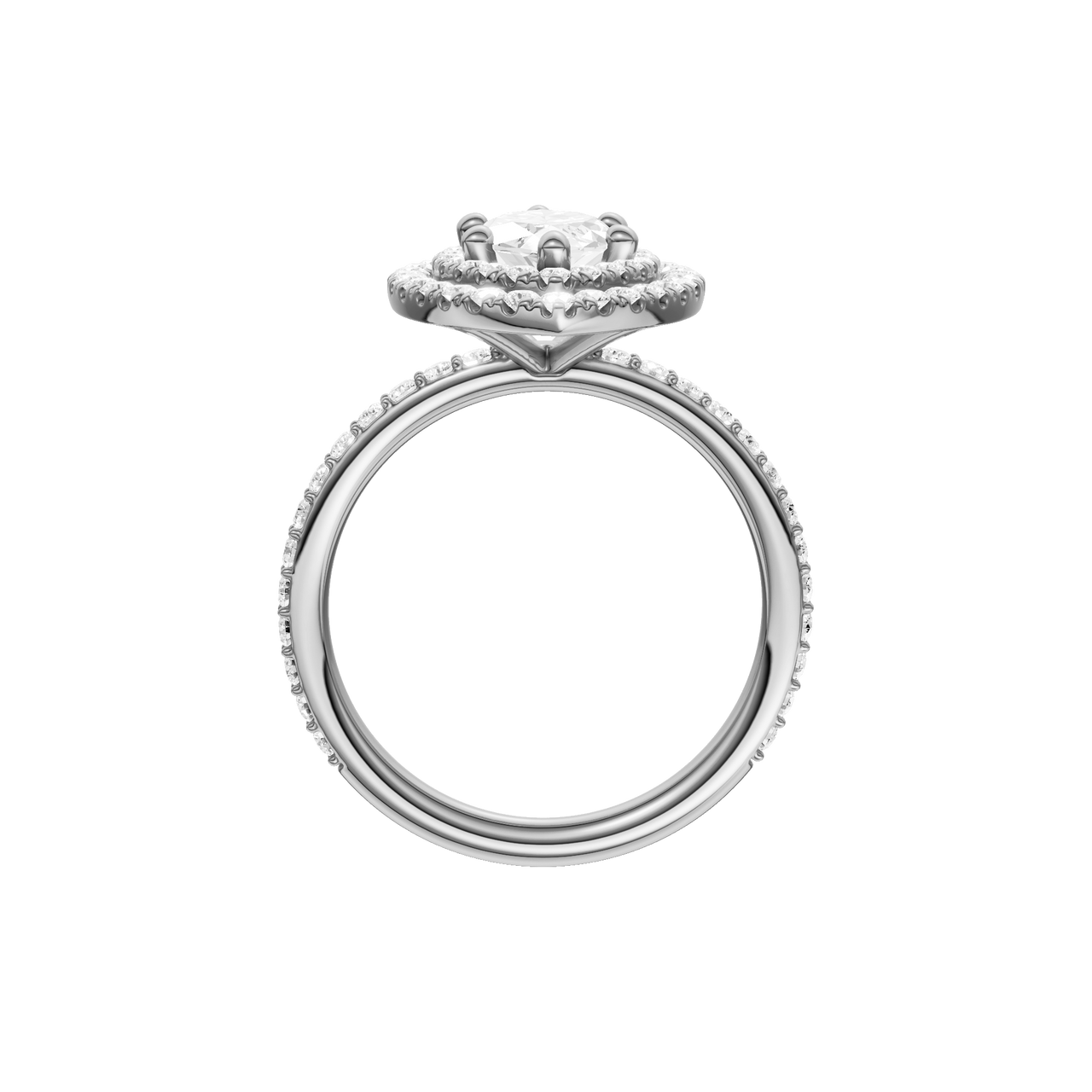 A profile view of the Marquise cut diamond engagement ring in platinum with a prong diamond band and cathedral setting